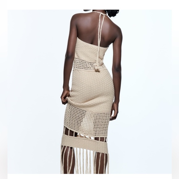 Zara Chic Beige Crochet Dress with Fringe. New - Picture 2 of 14